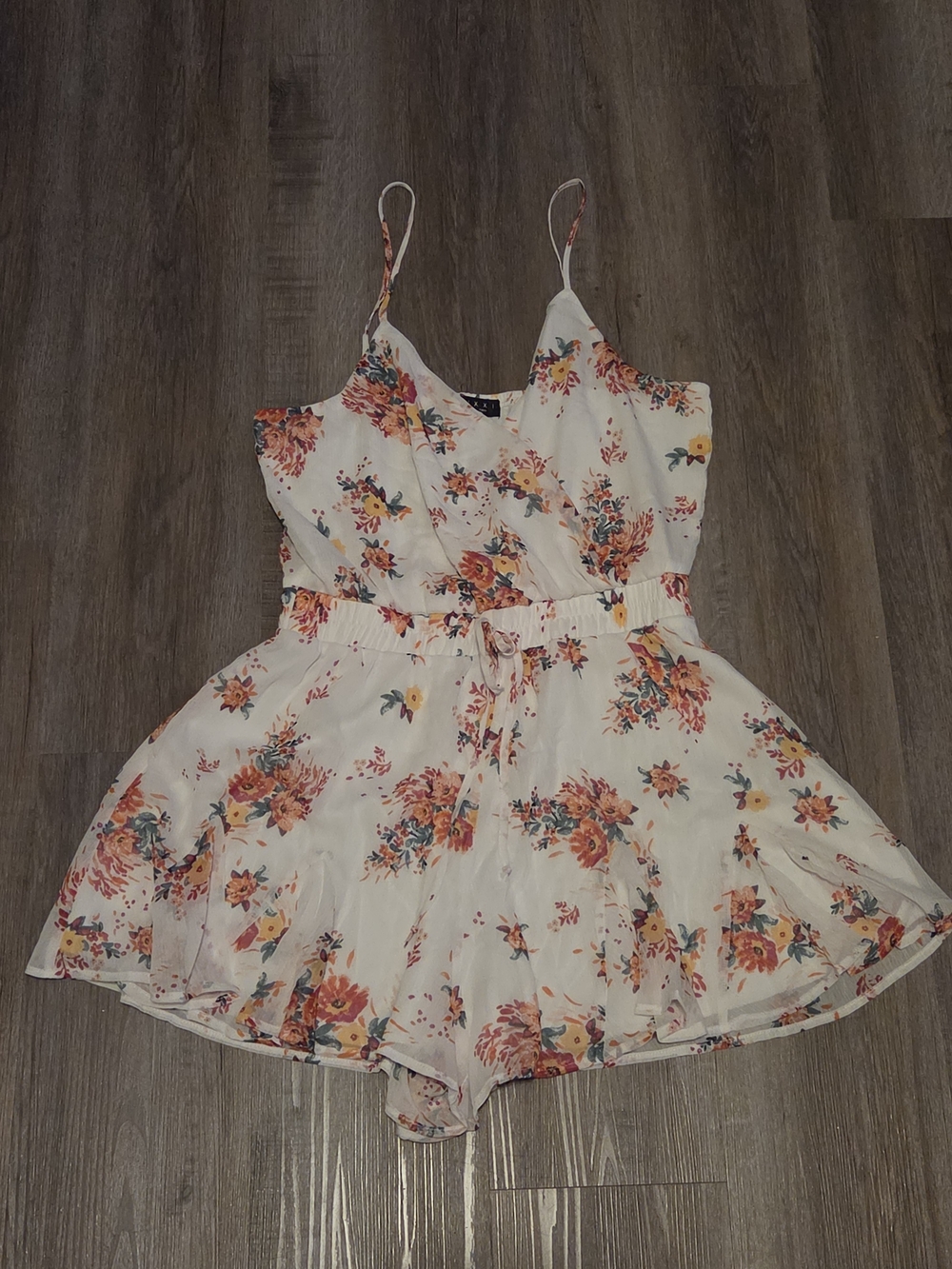 Trixxi Cream Floral Spaghetti-Strap Romper with Pink & Orange Flowers